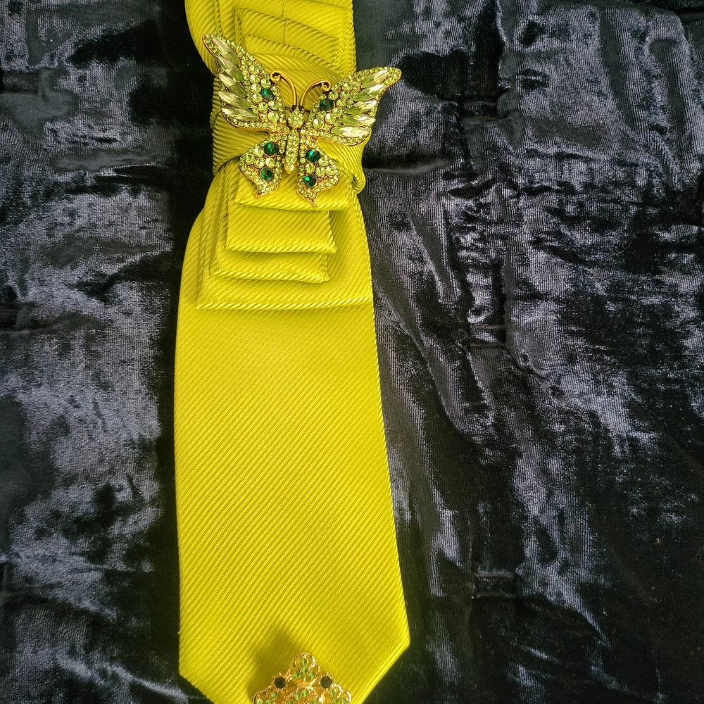 Lime Green Tie with Butterfly Brooch